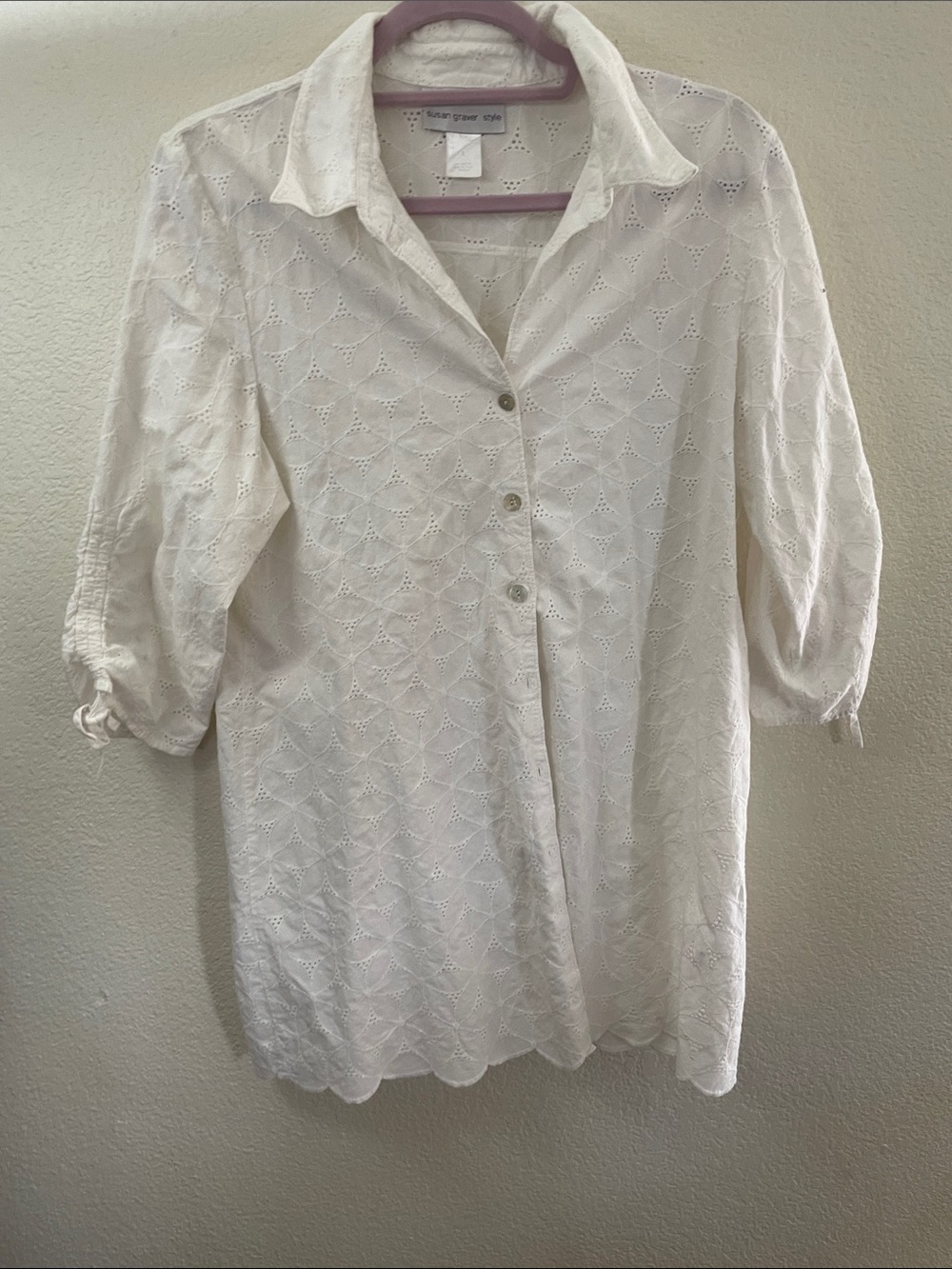 Susan Graver White Eyelet Button-Front Tunic 100%cotton L 20x31